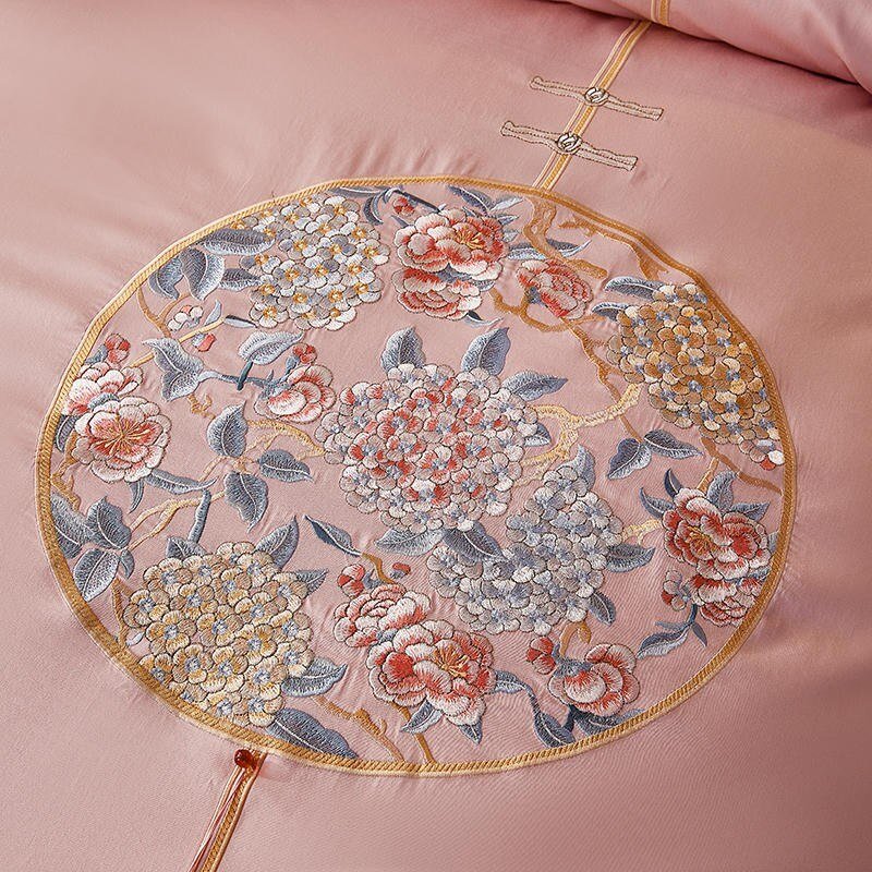 Chinoiserie Vintage Chic Embroidery Tassels Pink Duvet Cover 100%Long Staple Cotton Ultra Soft Bedding Set Bed Sheet Pillowcases 5