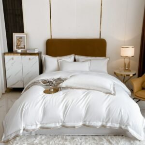 EgyptianCotton Duvet Cover with Delicate Gold embroderiy Edge Good Drape Plain Color White Bedding Set Soft Bedsheet Pillowcases 1