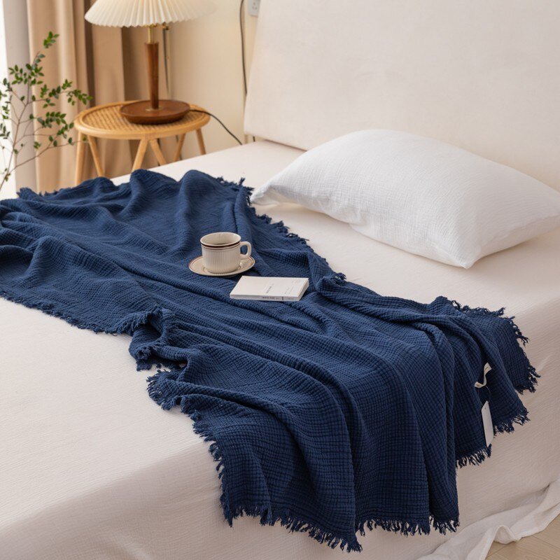 Knitted Cotton Throw Blankets for Couch, Sofa and Bed, Lightweight Soft Blanket with Tassel Decorative Cozy Blue Throw Blanket 4