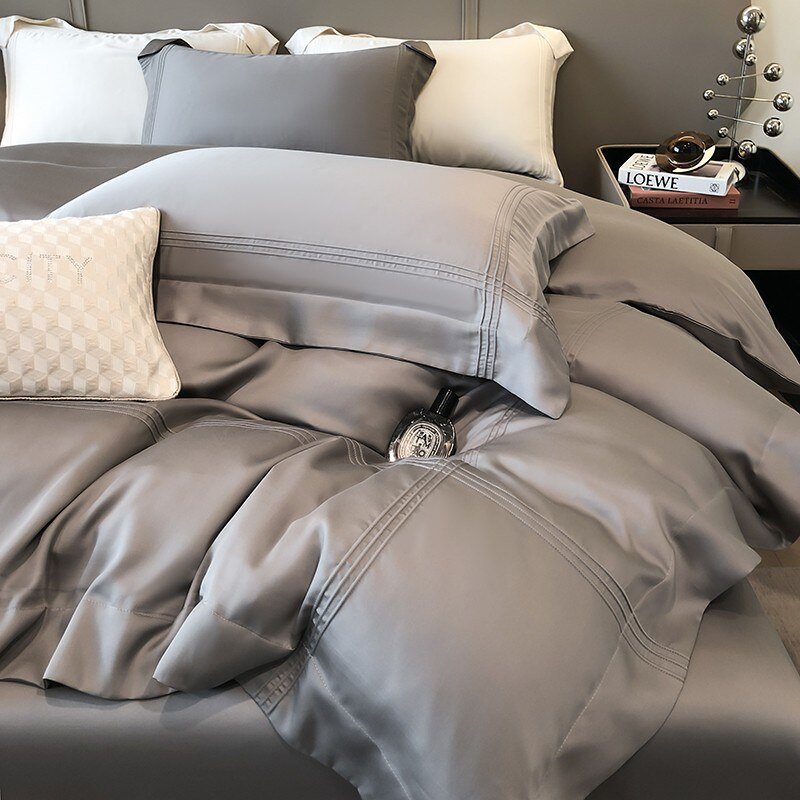 Solid Grey Linens Frame Duvet Cover with Zipper Ties 4Pcs 600TC Eucalyptus Lyocell Soft Cooling Quilt cover Bed Sheet Pillowcase 3