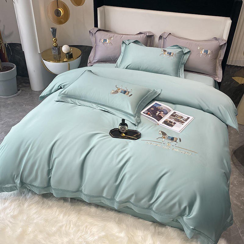 4Pcs Horse Bedding Set Tiffany Green 1000TC Egyptian Cotton Bedding Embroidery Duvet Cover for Adult Teens Bed Sheet Pillowcases 2