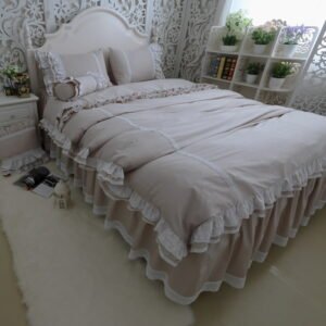 Solid color Multi Layers Ruffles Lace edge Duvet cover Bed skirt Pillow shams 4Pcs Queen King size Girls 100%Cotton Bedding set 1
