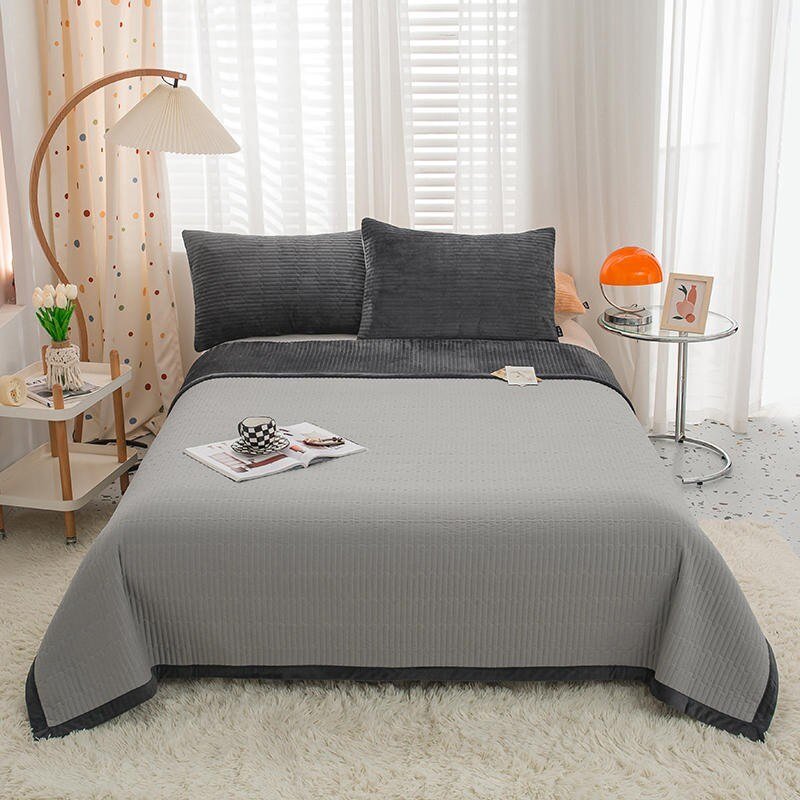 1/3Pcs Velvet Flannel Quilt Bedspread Pillow shams for Single Double Bed Reversible Deep Gray Coverlet Bed Cover set Pillowcases 3