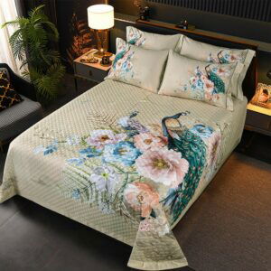 Peacock Bedspread Blossoming Floral Background Egyptian Cotton Quilted 3 Pcs Bed Coverlet Set with 2 Pillow Shams, Queen Size, 1