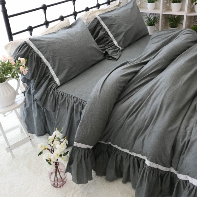 Deep Grey Wide Ruffles Duvet Cover 100%Washed Cotton Shabby Soft Bedding Sets Bedskirt Pillowshams Queen King Twin size 4Pcs 5
