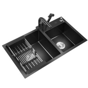 Large Size Double Bowls Black Nano Wash Basin Sink Creative Stainless Steel Kitchen Sinks Drain Set Handmade Kitchen Accessories 1