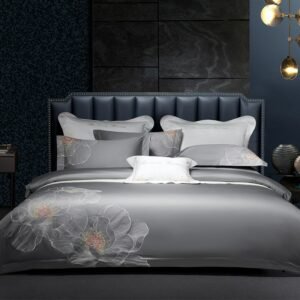 1000TC Long Staple Cotton Chic embroidery Blooming Flower Art Grey Bedding set Double Queen King 4Pcs with Bed Sheet Pillowcases 1