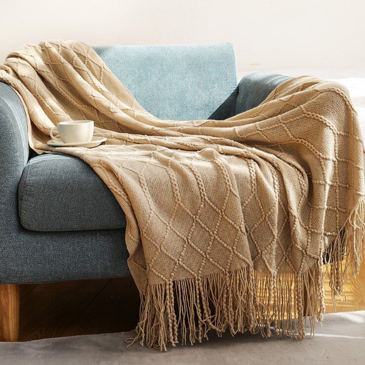 100% Hand Made Tassel Knit Throw Blanket  Soft Blanket for Decor Couch Bed, Sofa, Living room Office 6