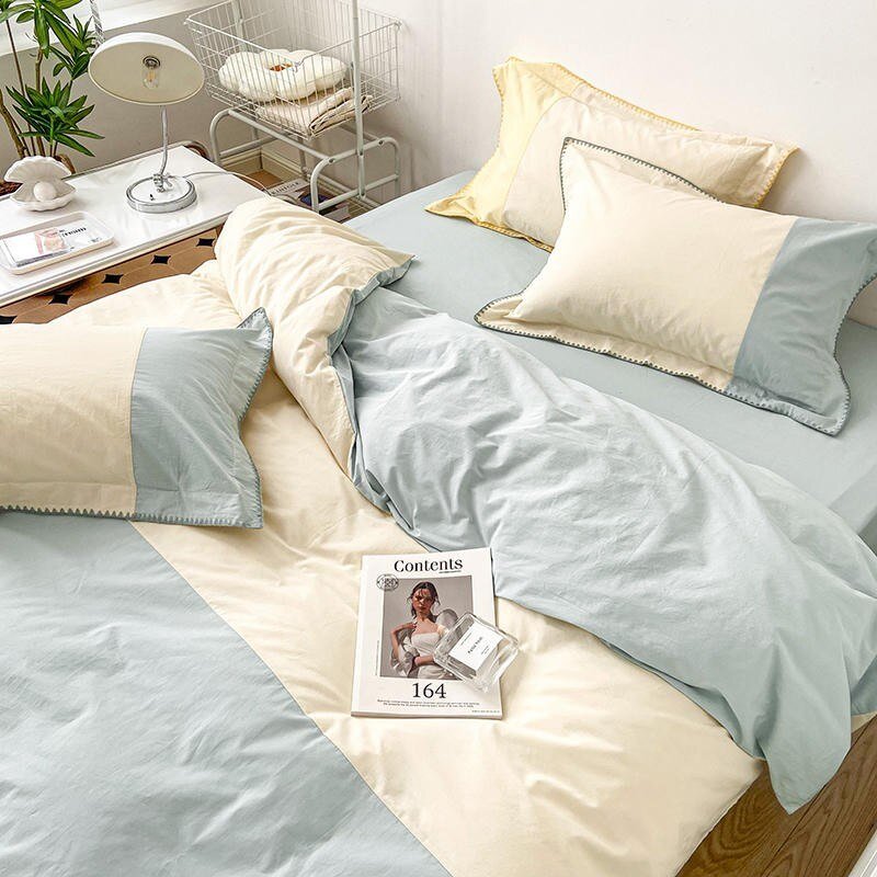 Blue Patchwork 100%Washed Cotton Duvet cover set 4Pcs Ultra Soft Bedding set with zipper Men Boys Kids Bed Sheet Pillowcases 4