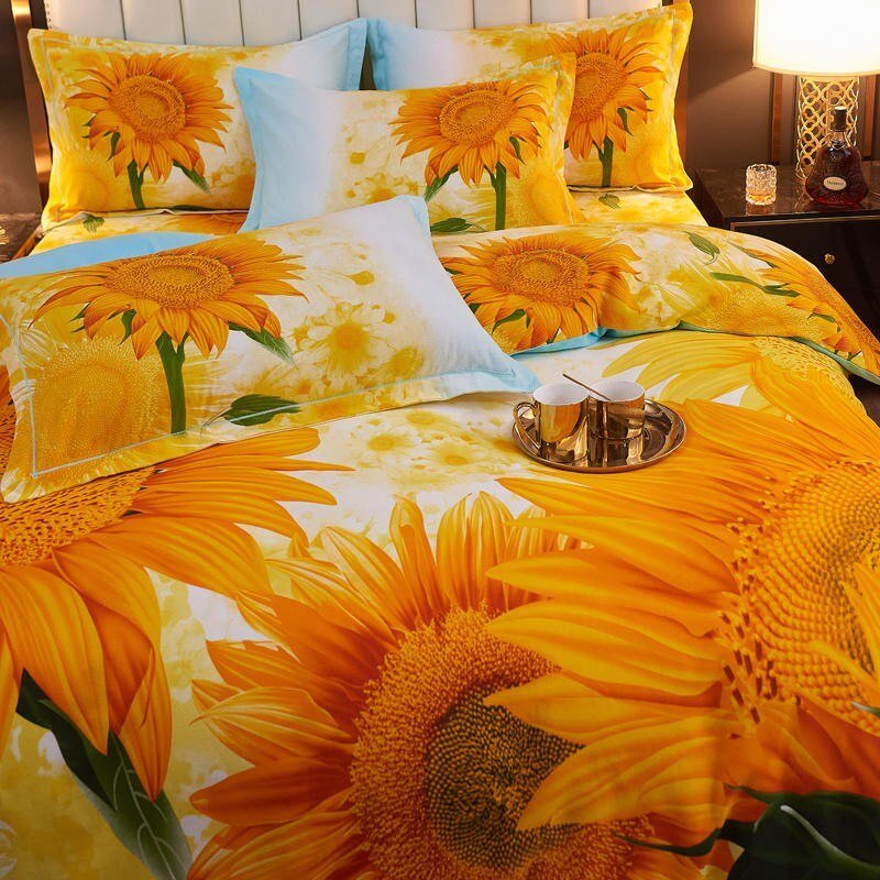 100%Cotton Brushed Ultra Soft Friendly Duvet Cover Set 4Pcs Sunflowers Blossom Bedding set Queen King size Bed Sheet Pillowcases 4