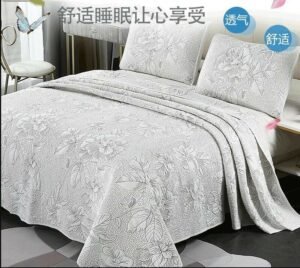 3Pcs Elegant Flower Gray/Pink Embroidered Quilted Cotton Bedspread Coverlet Set Oversize Queen King 1 Quilt and 2 Pillow Shams 1