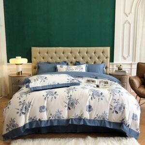 Luxury Premium Ultra Soft 100%Cotton Duvet cover set Blue Floral Stylish Bedding Bed sheet Pillowcases Full/Queen/King size 4Pcs 1