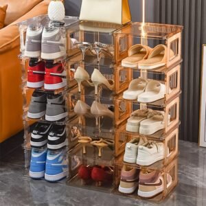 Stackable 2-layer Luxury Shoe Rack Stands Storage Organizer Entryway Folding Shelf Dustproof Cabinet Plastic 1