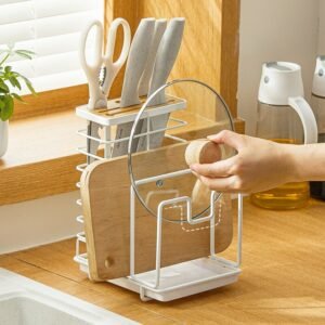 3-in-1 Multifunctional Knife Block Cutting Board Stand Lid Holder with Drainer Tray Kitchen Counter Storage Organizer Iron Wire 1