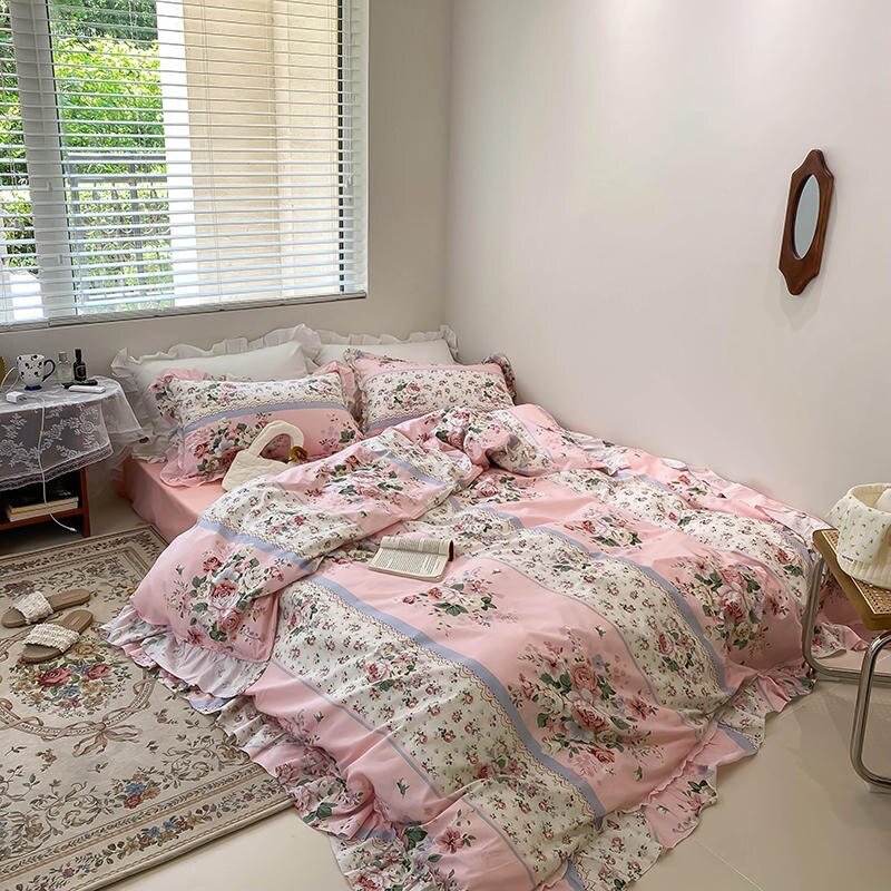 100%Cotton Chic Vintage Rose Flowers Duvet Cover Set Queen Twin Elegant Women Bedding set Comforter Cover Bed Sheet Pillowcase 1