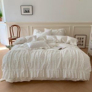 Washed Cotton Soft Girls Bedding Set Big Lace Off White Wedding Duvet Cover with Bedsheet 2Pillowcases Double Queen King 4/6Pcs 1