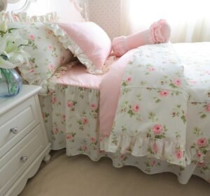 Vintage Pink Floral Ruffled Bedding Duvet Cover Set 100%Cotton Twin Queen King size Girls Bedding set Bedskirt Pillow shams 1
