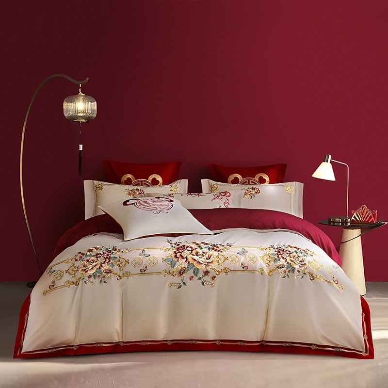Luxury Double Happiness Blossom Embroidery Wedding Red Bedding Set 4/7Pc 1000TC Egyptian Cotton Duvet cover Bed sheet Pillowcase 1