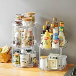 1/2/3 Tiers Rotating Tray Rack Organizer Plastic Spice Jar Seasoning Bottle Holder Kitchen Counter Storage Transparent Shelf 1
