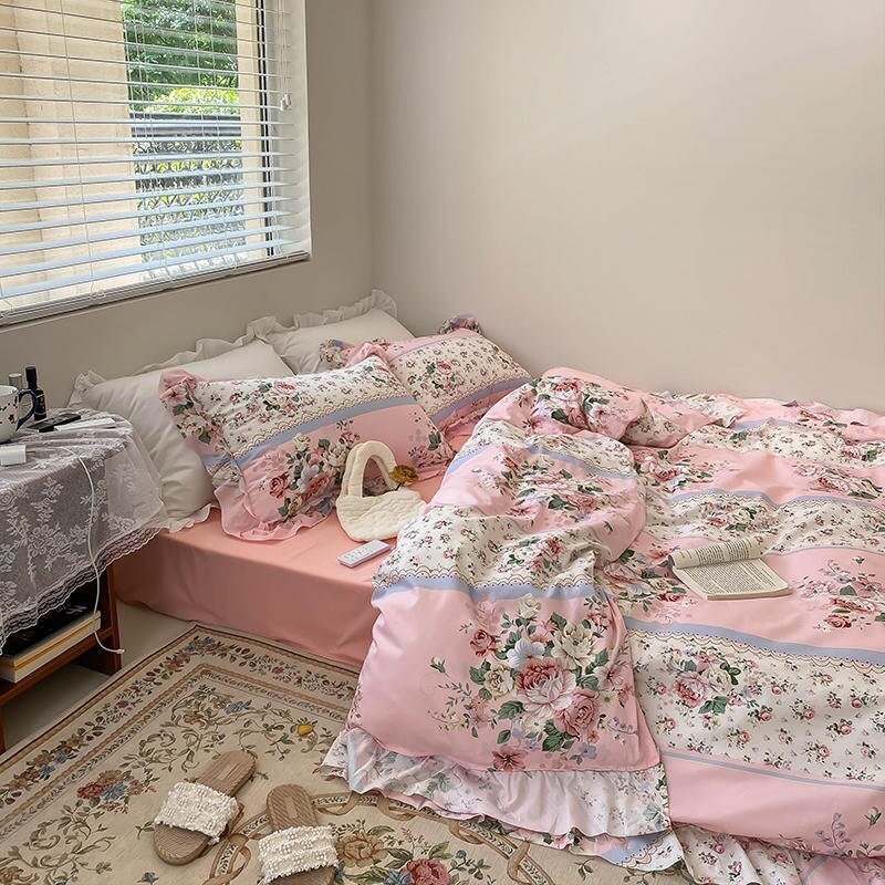 100%Cotton Chic Vintage Rose Flowers Duvet Cover Set Queen Twin Elegant Women Bedding set Comforter Cover Bed Sheet Pillowcase 2