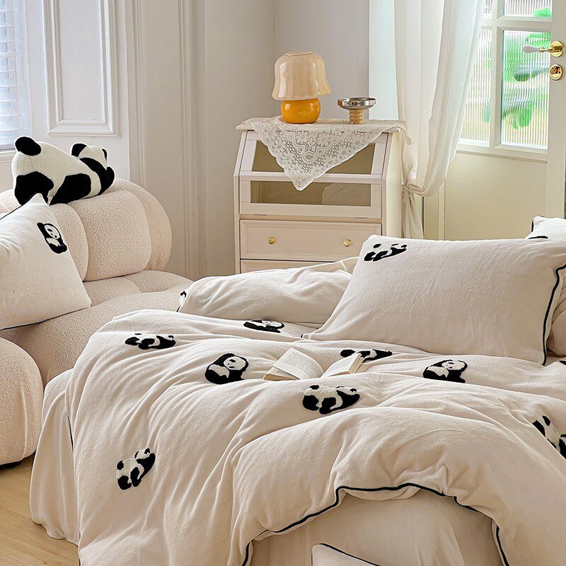 Soft Velvet Duvet Cover Twin Queen Size  Fluffy Flannel Fleece Black Panda Embroidery Comforter Cover Bed Sheet Pillow Shams 4