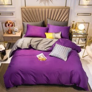 Twin Queen King size Ultra Soft 100%Cotton 4Pcs Bedding Comforter Cover Bed Sheet Set Purple Gray Black Reversible Duvet Cover 1