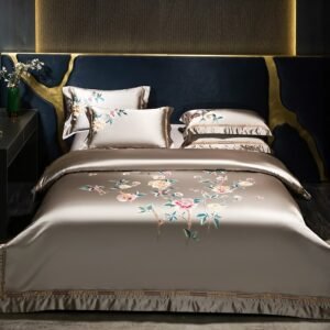 Silver Gray Satin like Silk Duvet Cover Chic Embroidery Bedding Set Duvet cover Bottom is Egyptian Cotton Bed Sheet Pillowcases 1