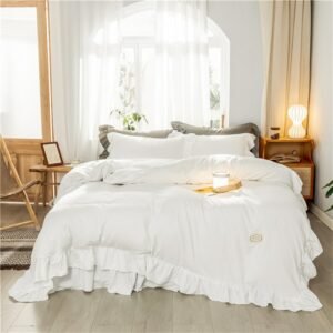 Solid Color Ruffled White Duvet Cover Bed sheet Pillowcase Queen Twin King Washed Microfiber 3/4Pcs Bedding Sets Soft Breathable 1