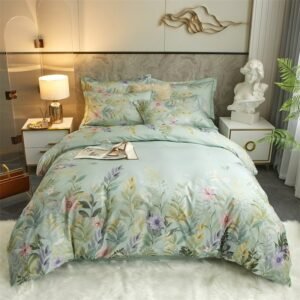 Soft 100%Cotton Duvet Cover Flat Sheet Pillow Shams 4Pcs Set Vibrant Chic Flowers Blossom Bedding Set Double Queen King size 1