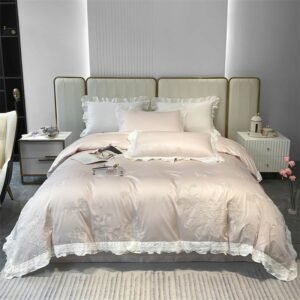 Blue Vintage Chic Ruffled Bedding set Double Queen King 4Pcs Flowered Embroidery Egyptian Coton Duvet cover Bed Sheet Pillowcase 1