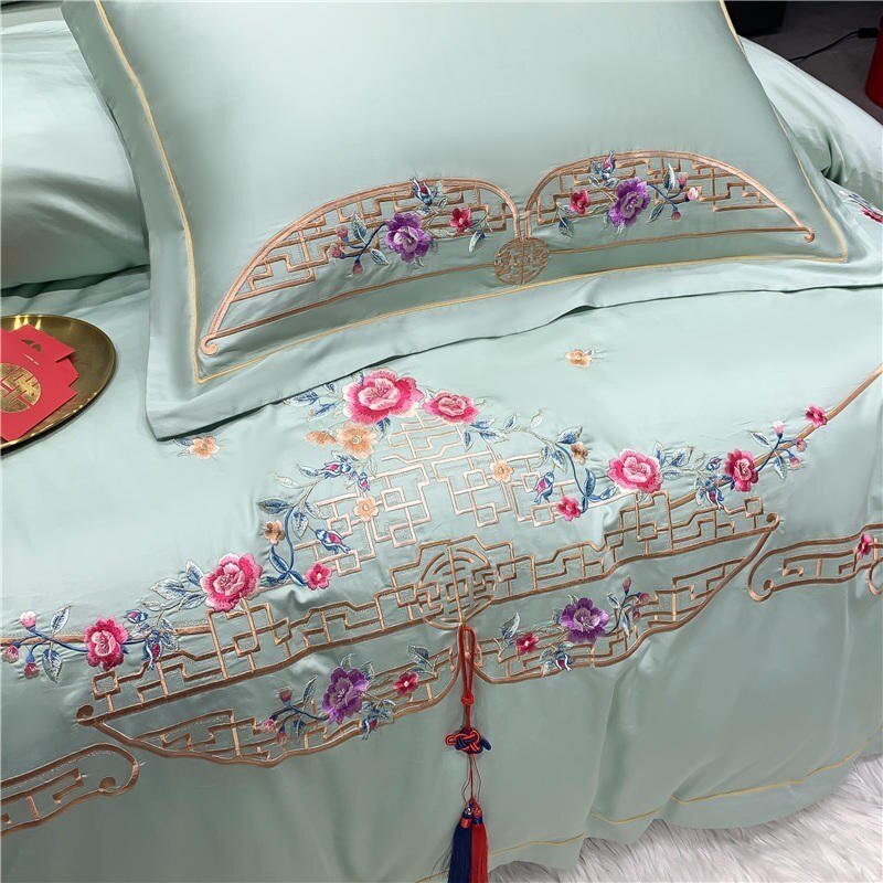 Chic Embroidery Duvet Cover Set Double Queen King 4Pcs Red Sateen Cotton Luxury Bedding,Comforter Cover Bed Sheet Pillowcases 3