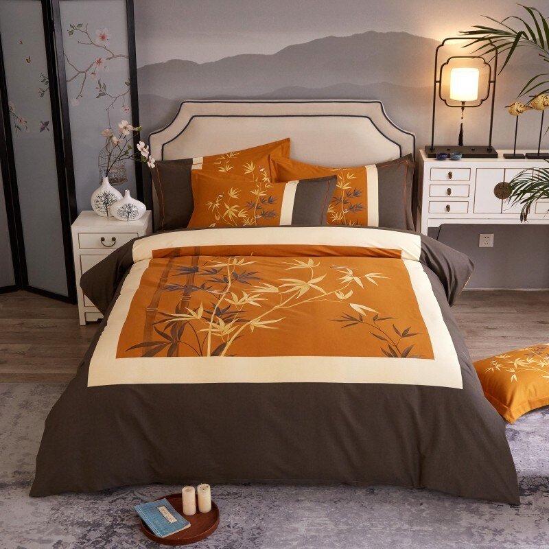 Vintage Bamboo Leaves Flowers Duvet Cover Set Ultra Soft Breathable 100%Cotton Bedding set Bed Sheet Pillowcases Queen King 4Pcs 2