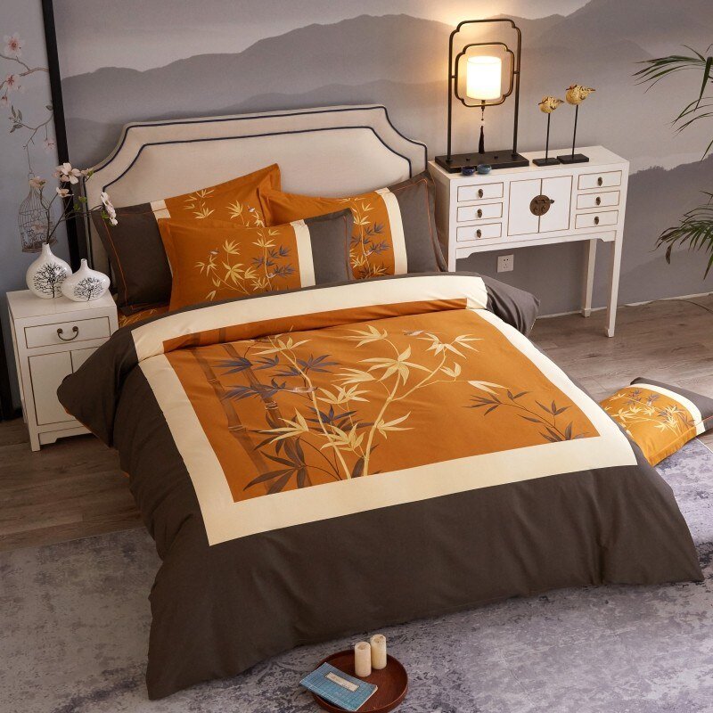 Vintage Bamboo Leaves Flowers Duvet Cover Set Ultra Soft Breathable 100%Cotton Bedding set Bed Sheet Pillowcases Queen King 4Pcs 3