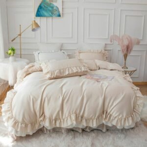 Vintage Farmhouse Solid White Blue Bedding set 100%Cotton Soft Double Ruffles Duvet Cover Bedskirt Pillowcases 4/6Pcs Bed Set 1