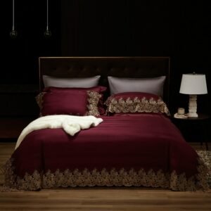1000TC Egyptian Cotton Dark Red/Green Lace Edge Bedding set King Queen size 4Pcs Premium Soft Duvet cover Bed Sheet Pillowcases 1