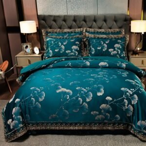 Leaves Jacquard Lace Satin Duvet Cover Set King Double Queen 4Pcs Soft Silky Comforter Cover with Zipper Bed Sheet Pillowcases 1