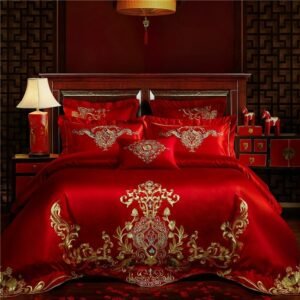 Luxury Chic Embroidery Traditional Red Wedding Bedding Set King Queen 100%Cotton Soft Duvet Cover Bedspread/Bed sheet Pillowcase 1