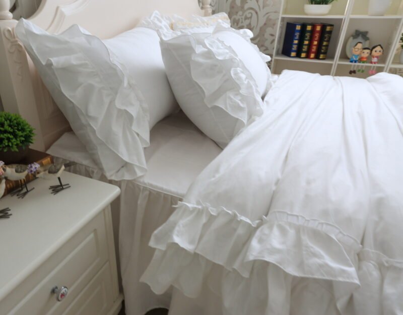 Shabby Solid color Duvet Cover Bedskirt Pillow shams 4Pcs 100%Cotton Twin Queen King size Girls Ruffled White Bedding set 4