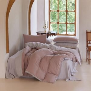 Cotton/Linen Reversible Purple Gray Family size Comforter Cover set Bed Sheet Pillowcases Breathable Skin-Friendly Bedding Set 1