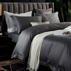 Egyptian Cotton Gray Reversible Solid Color Double Queen King Bedding Set Simple Quilt Cover Zipper Extra Soft Silky Bed Sheet 1