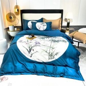 Eastern Floral Chinoiserie Blossom Duvet Cover Navy Blue Botanical 600TC Egyptian Cotton 4Pcs Bedding Set Bed Sheet Pillowcases 1