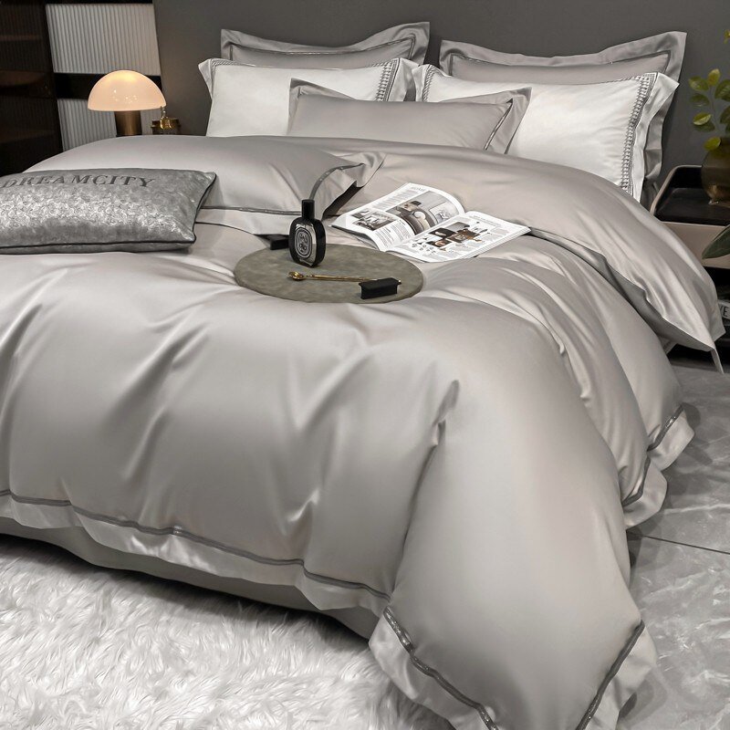 White Gray Egyptian Cotton Hotel Duvet Cover 4Pc 600TC Long Staple Cotton Soft Bedding Bed Sheet Pillowcase Double Queen Family 2