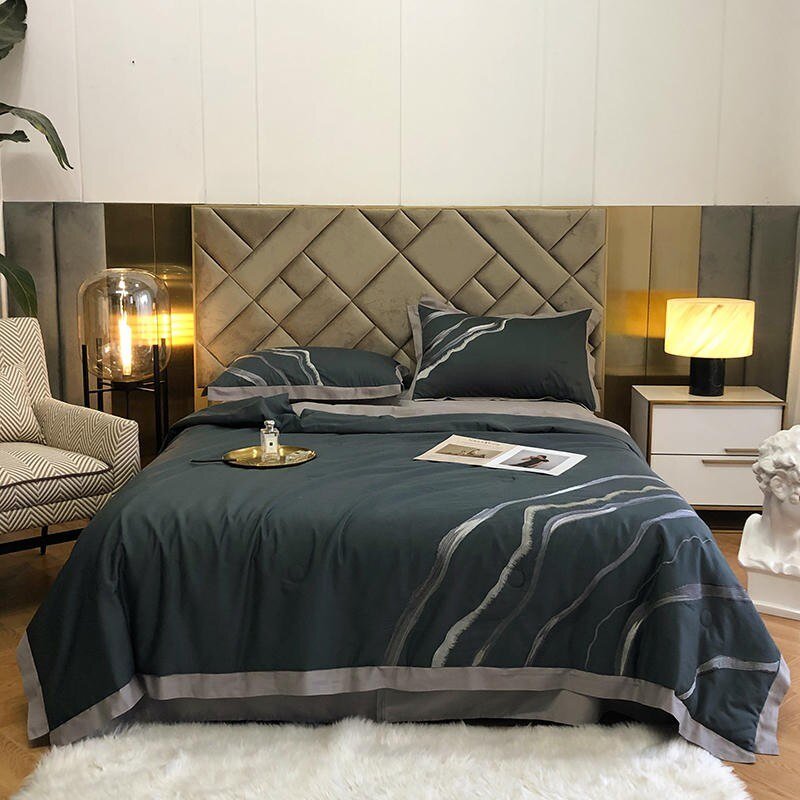 Marble Abstract Chic Embroidery Quilt Summer Comforter,4Pcs 100%Cotton Soft Comfy Breathable 1 quilt 1 bed sheet 2 pillowcases 1