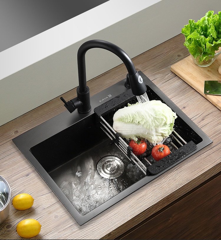 Kitchen Sink Black Nano Sink Single Bowl Wash Basin Bowl Kitchen Accessories Drain Set 304 Stainless Steel Topmount/Undermount 4