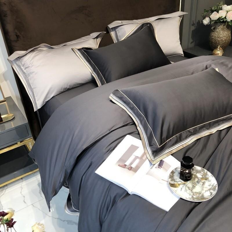 100%Egyptian Cotton Duvet Cover Set Ultra Soft Easy Care Breathable Queen/King 4Pcs Dark Grey Bedding set Bed Sheet Pillowcases 6