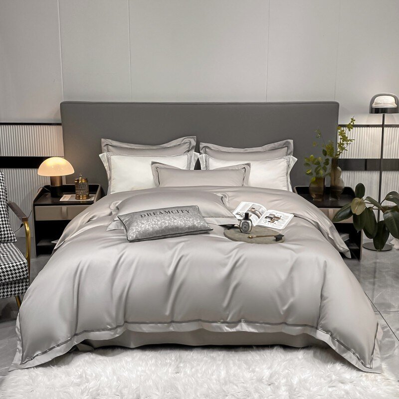 White Gray Egyptian Cotton Hotel Duvet Cover 4Pc 600TC Long Staple Cotton Soft Bedding Bed Sheet Pillowcase Double Queen Family 1