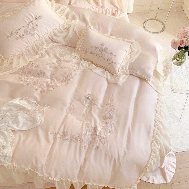 100%Eucalyptus Lyocell Duvet Cover Set Ruffels Princess Girls White Pink Bedding set Silky Smooth Cooling Bed Sheet Pillowcases 4