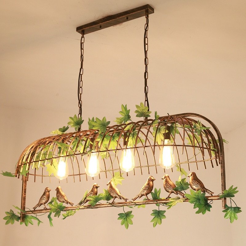 Retro Style Iron Bird Cage Green Leaf Decoration Chandelier for Restaurant Holl Bar Dining Table Garden  LED Lamps Indoor Decor 2