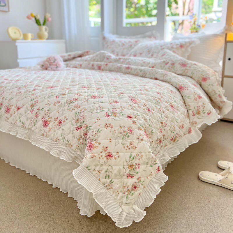 100%Cotton Premium Quality Soft Duvet Cover Bedspread Coverlet Pillow shams Diamond Quilted Floral Ruffled Comforter Cover set 3