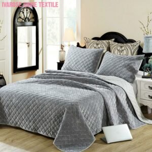 Solid Gray Color Luxury Velvet Super Soft Plush Diamond Tufted Quilted Bedspread Coverlet Bedding set Full Queen 3 Piece 1
